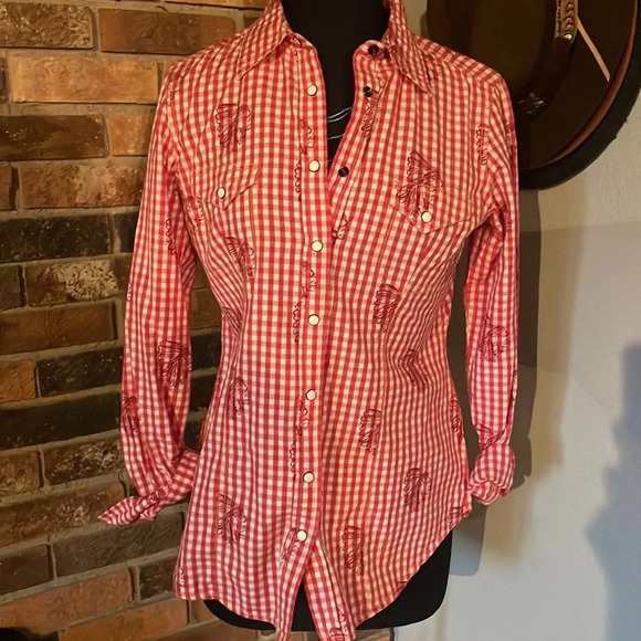 Red & White Checkered Headdress Button Down Shirt M - Picture 1 of 8